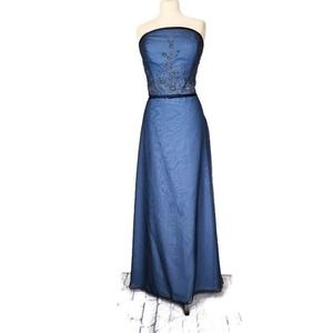 Mori Lee Dress Size 17/18 Strapless Embroidered Detail Navy Light Blue Lining